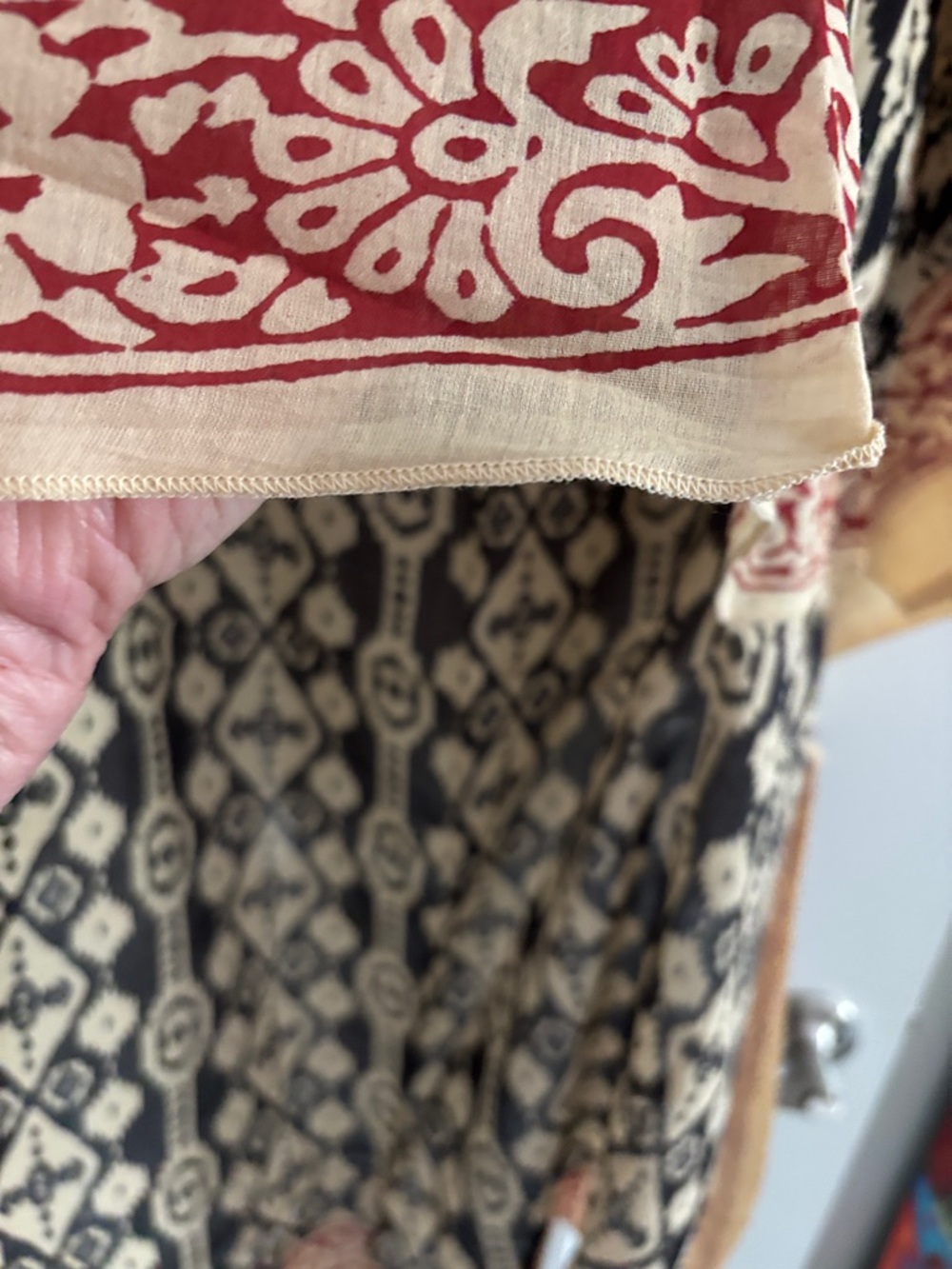 Black and Cream Printed Boho Kimono with Red Trim - Picture 3 of 6